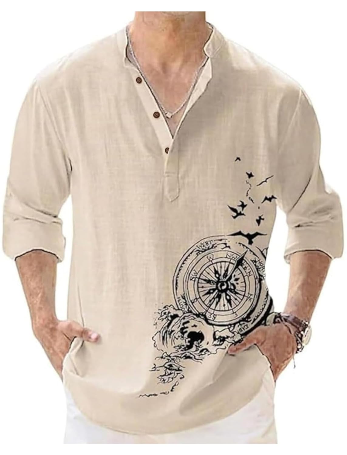 DEELMO Men's Cotton Blend Mandarin Collar Self One Design Full