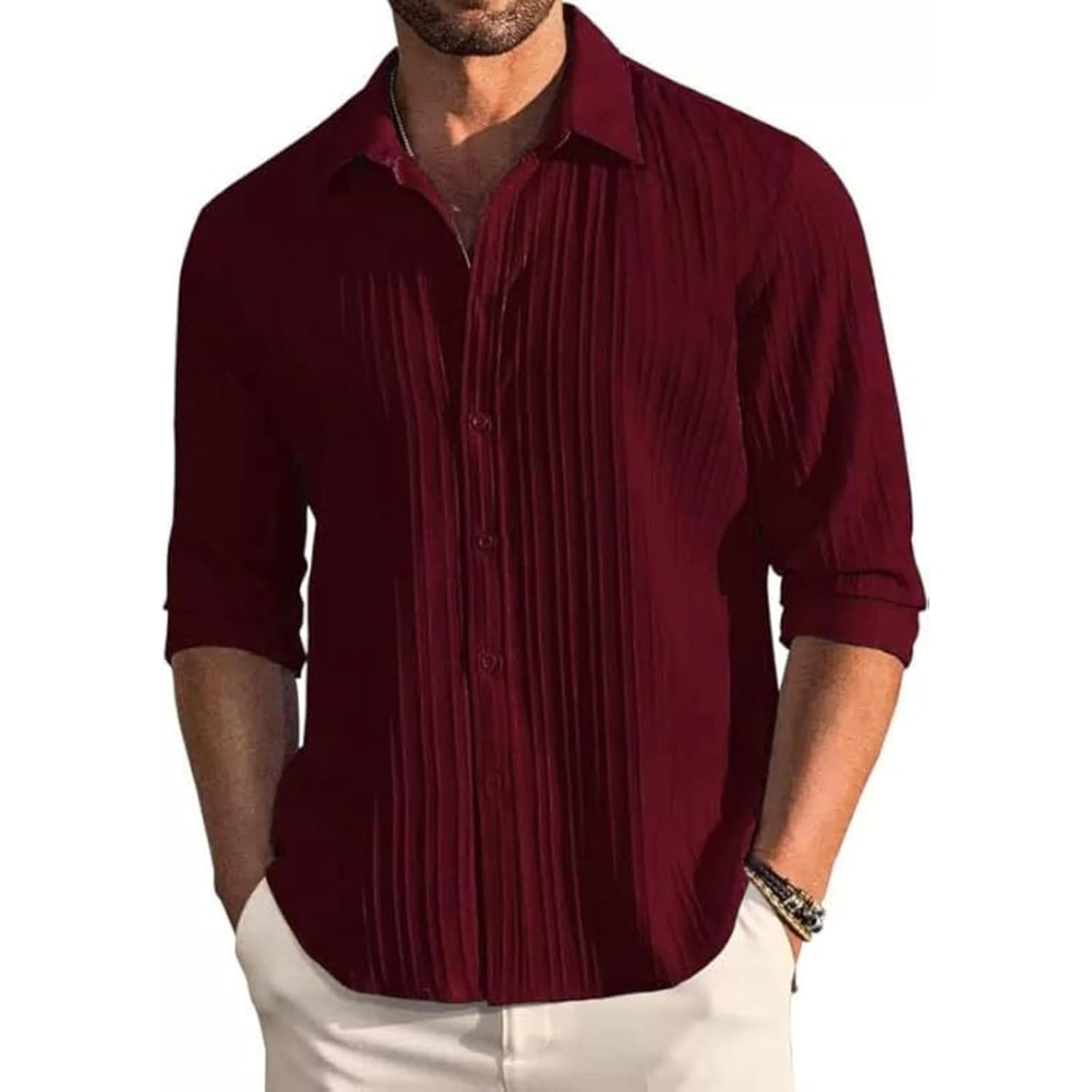 DEELMO Men's Button Down Dress Shirts Textured Long Sleeve Casual