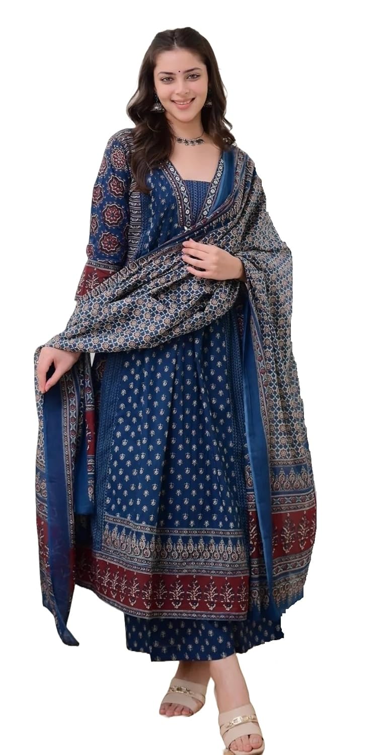 KLOSIA Women's Rayon Printed Anarkali Kurta and Pant with Dupatta